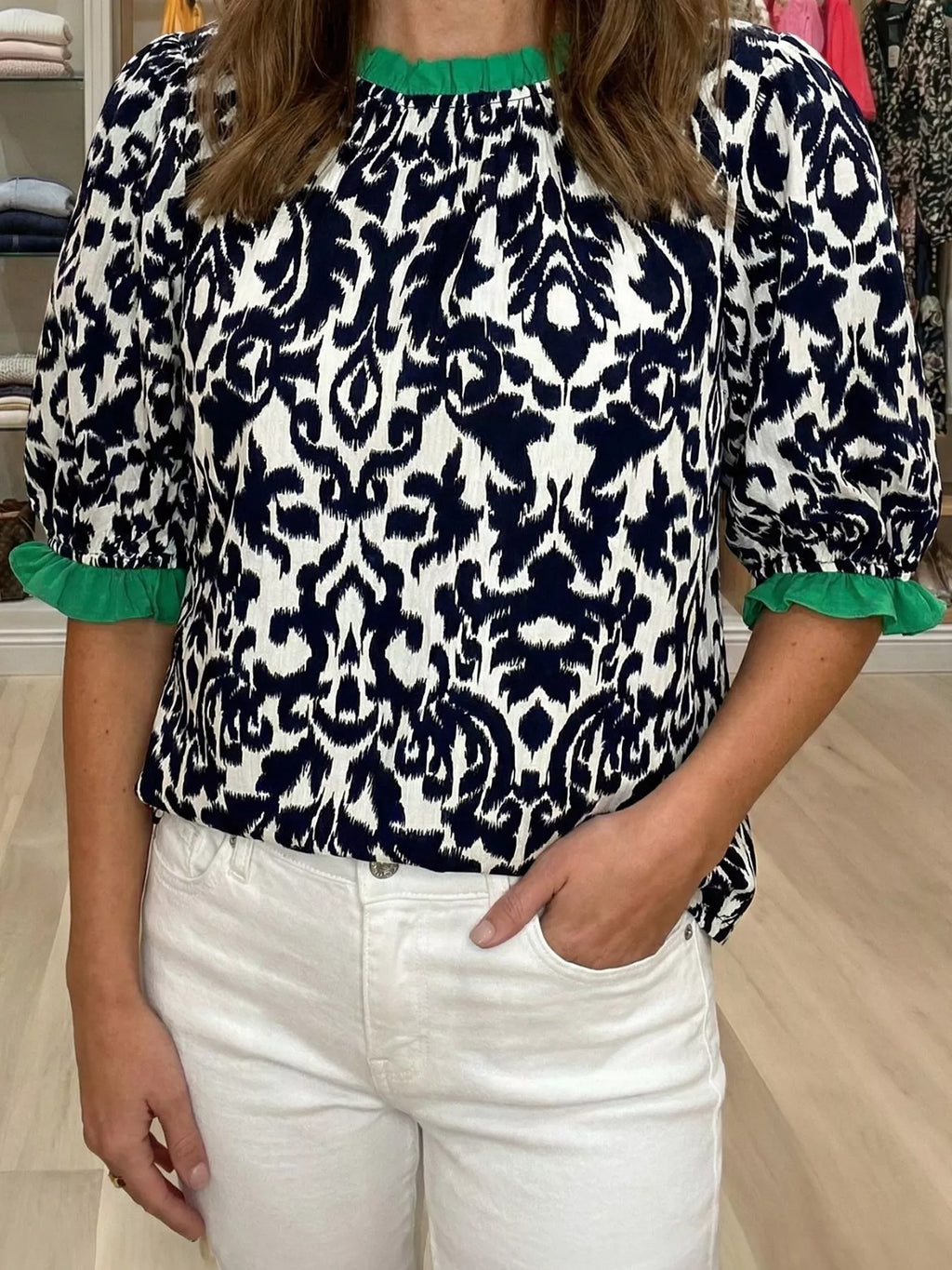 Damask Print Ruffled Color Block Detail Half Sleeve Blouse