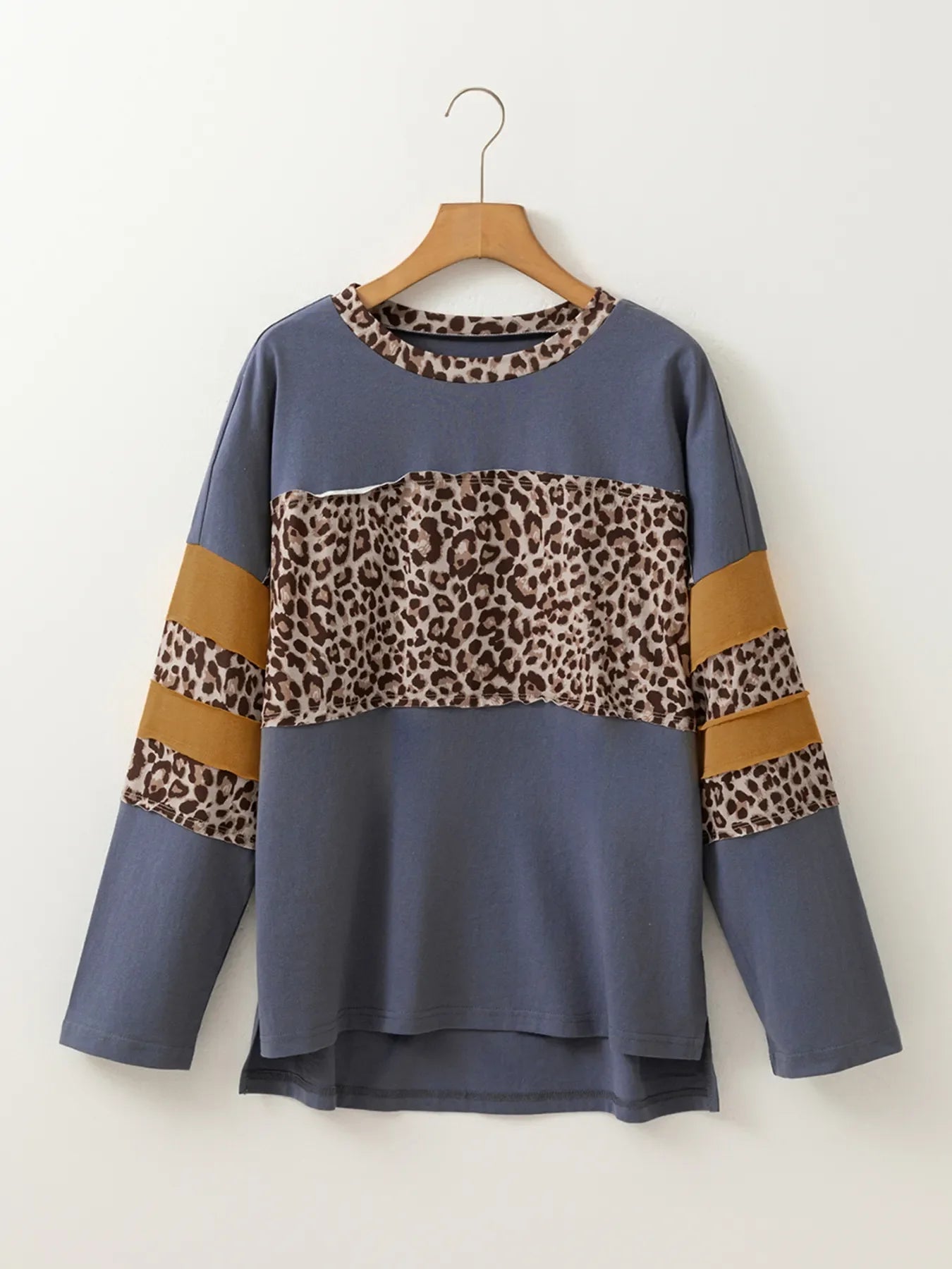 Leopard Color Block Long Sleeve Drop Shoulder Top