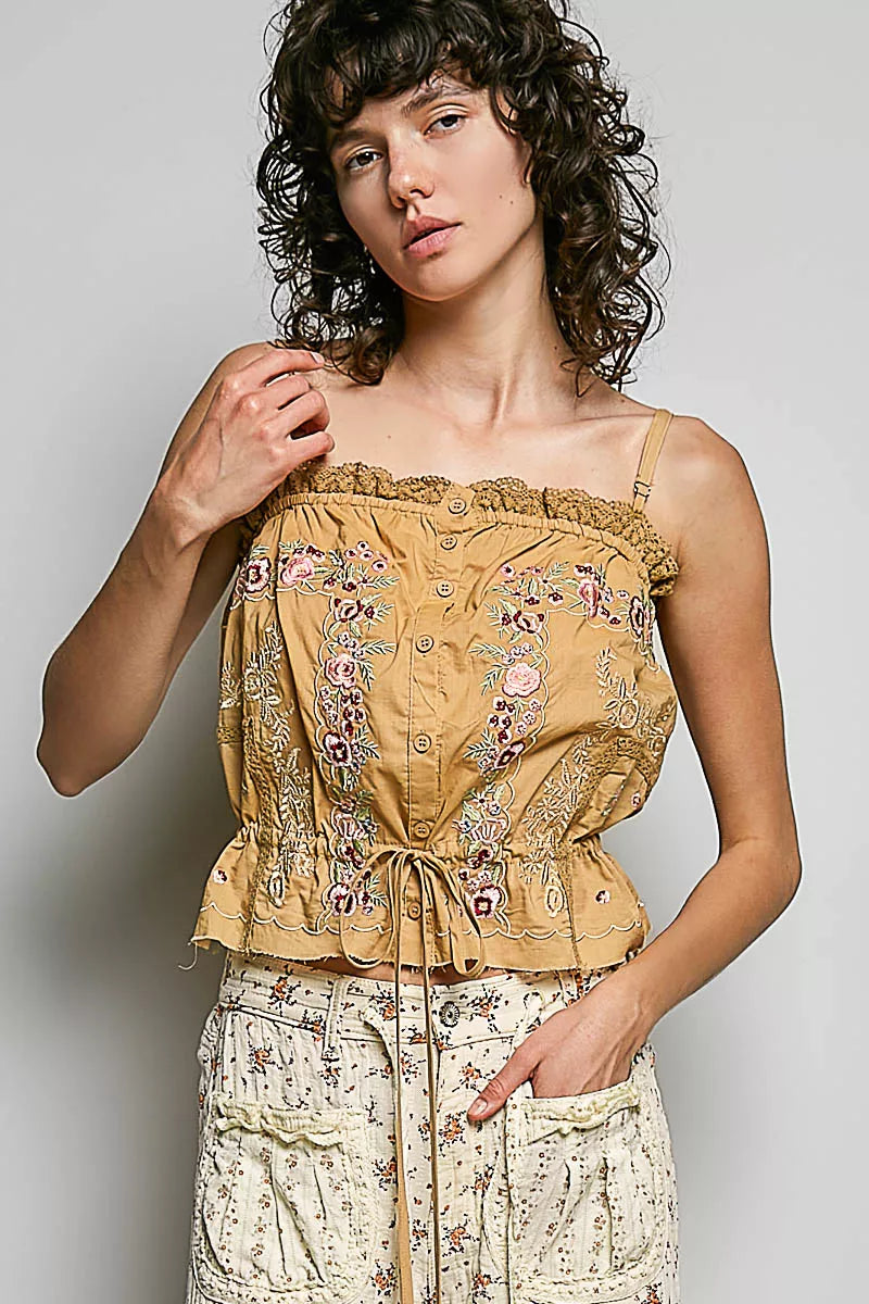 POL Button Down Floral Embroidered Cropped Cami with Lace Detail