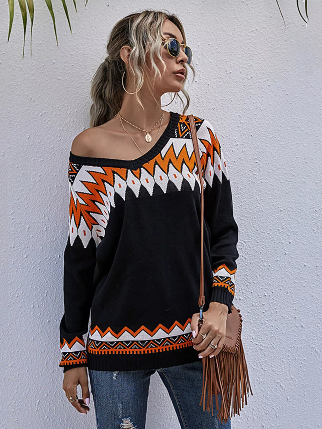 Geometric Pattern V-Neck Sweater