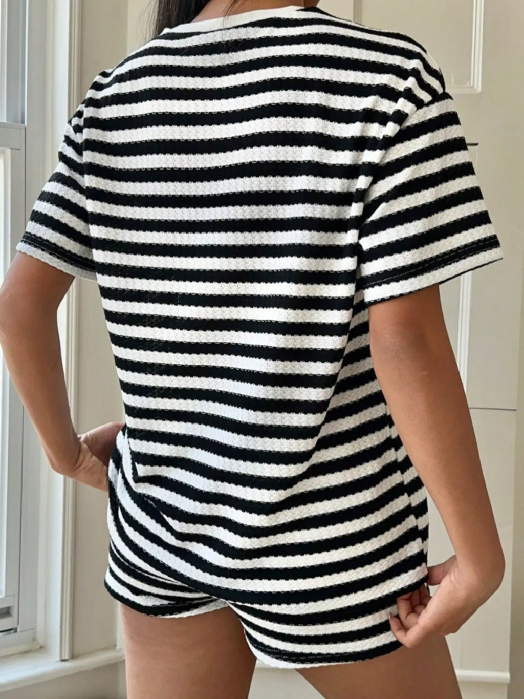Striped Round Neck Top and Shorts Set
