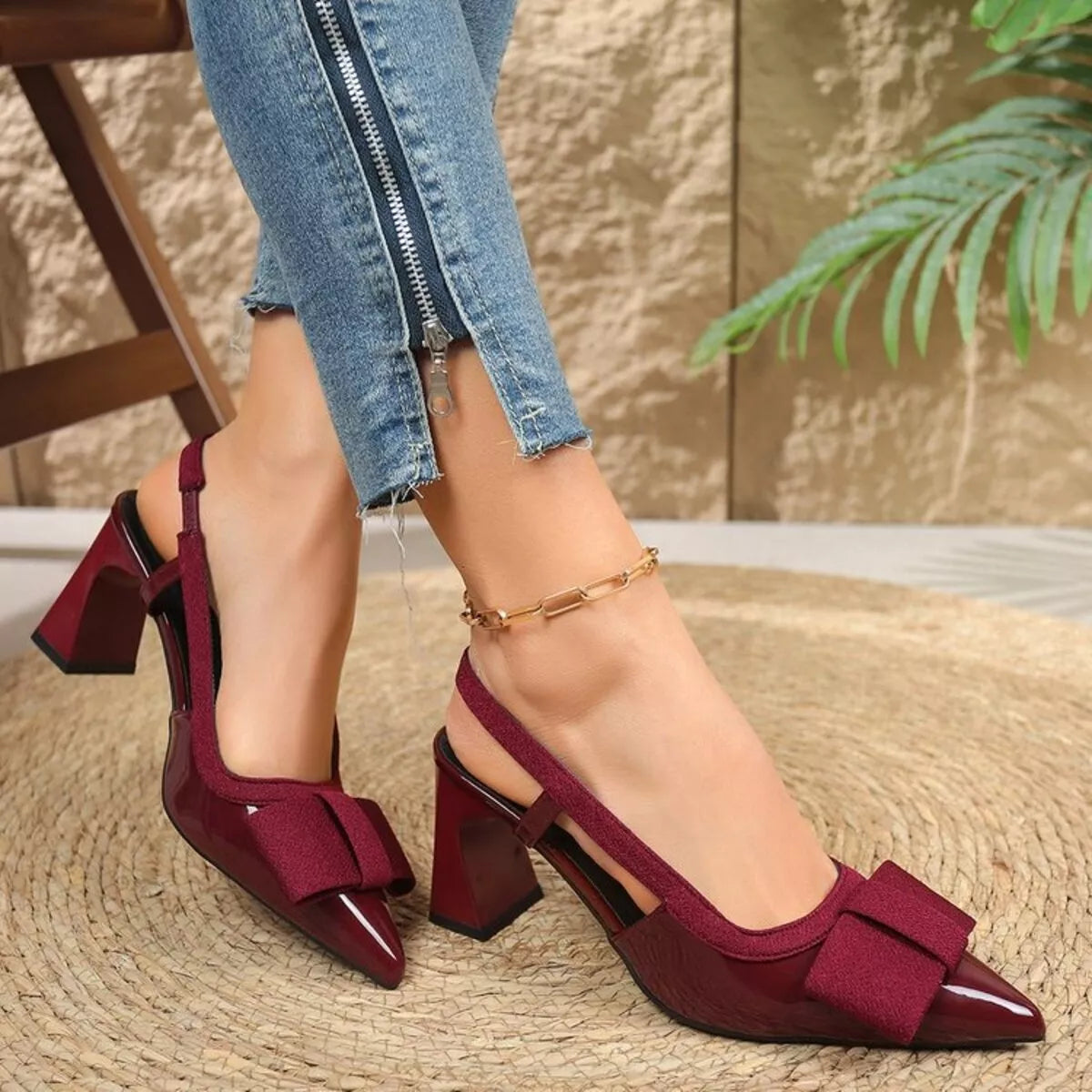 Point Toe Block Heels Slingback Sandals