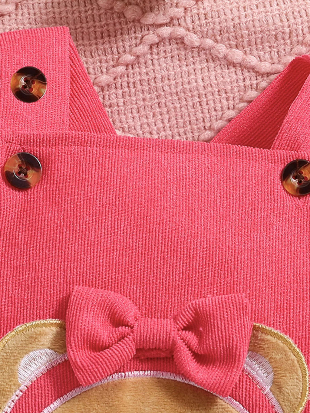 Children's Floral Print Ruffle Trim Bodysuit & Bear Applique Overalls Set