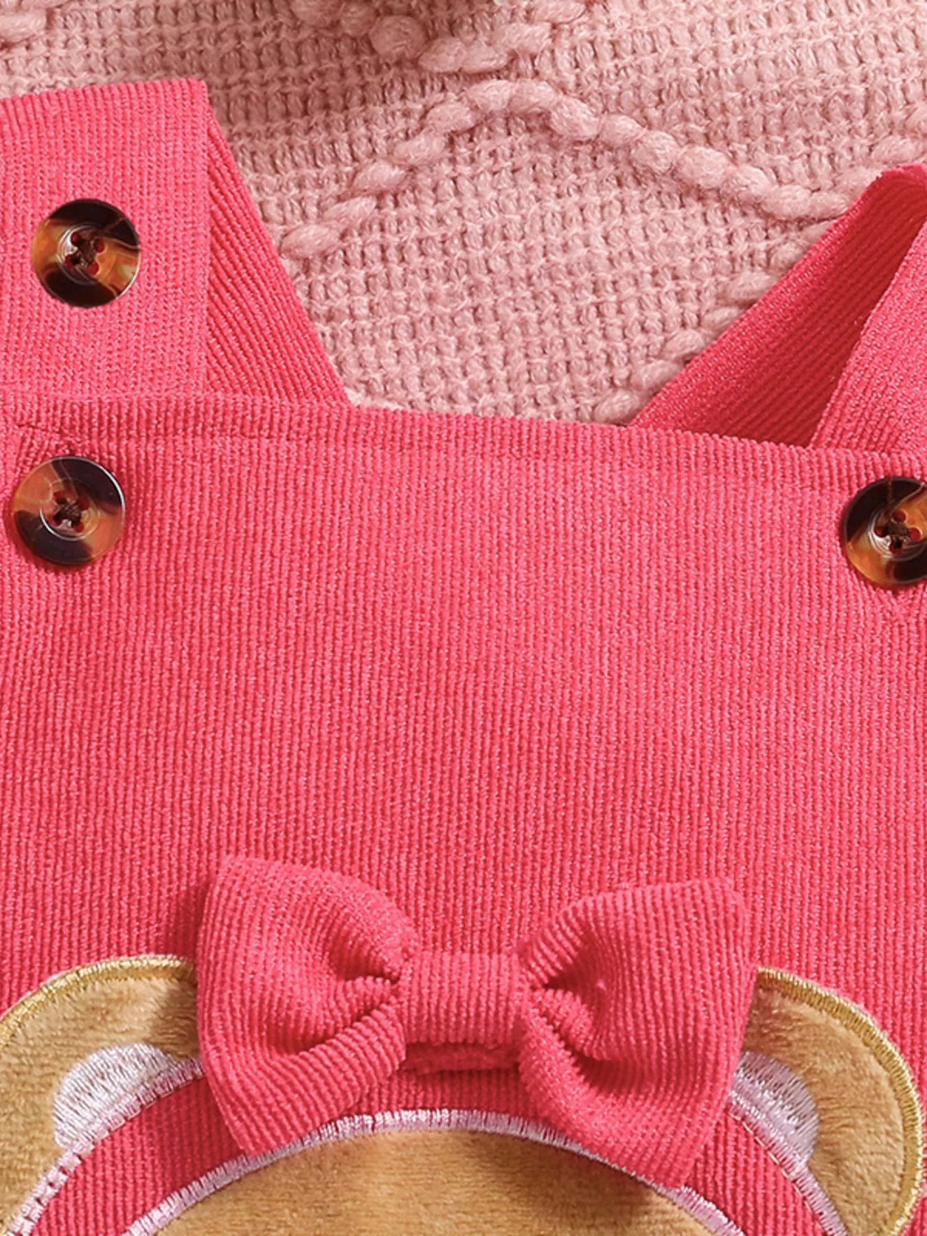 Children's Floral Print Ruffle Trim Bodysuit & Bear Applique Overalls Set