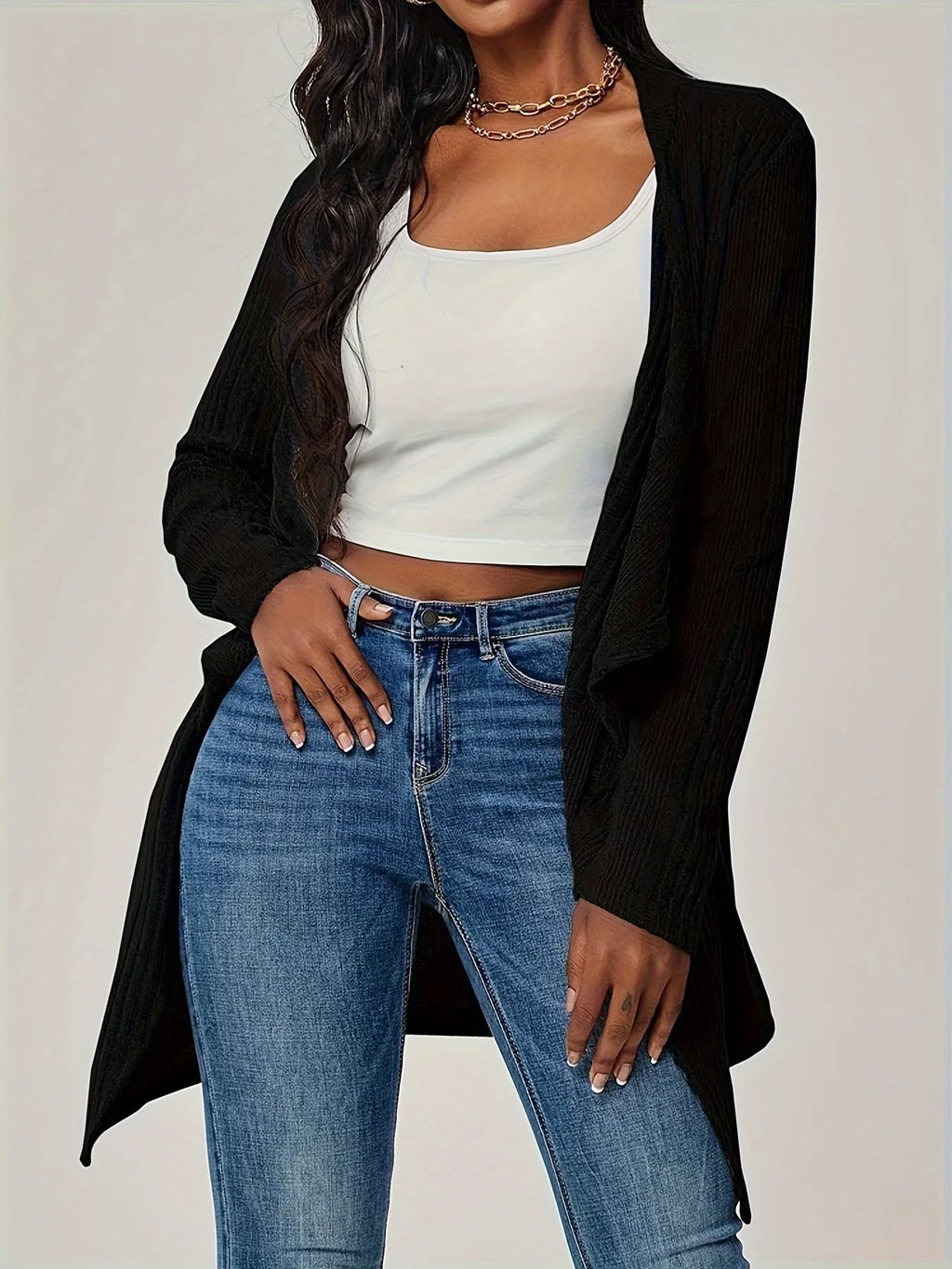 Ribbed Knit Open Front Cardigan