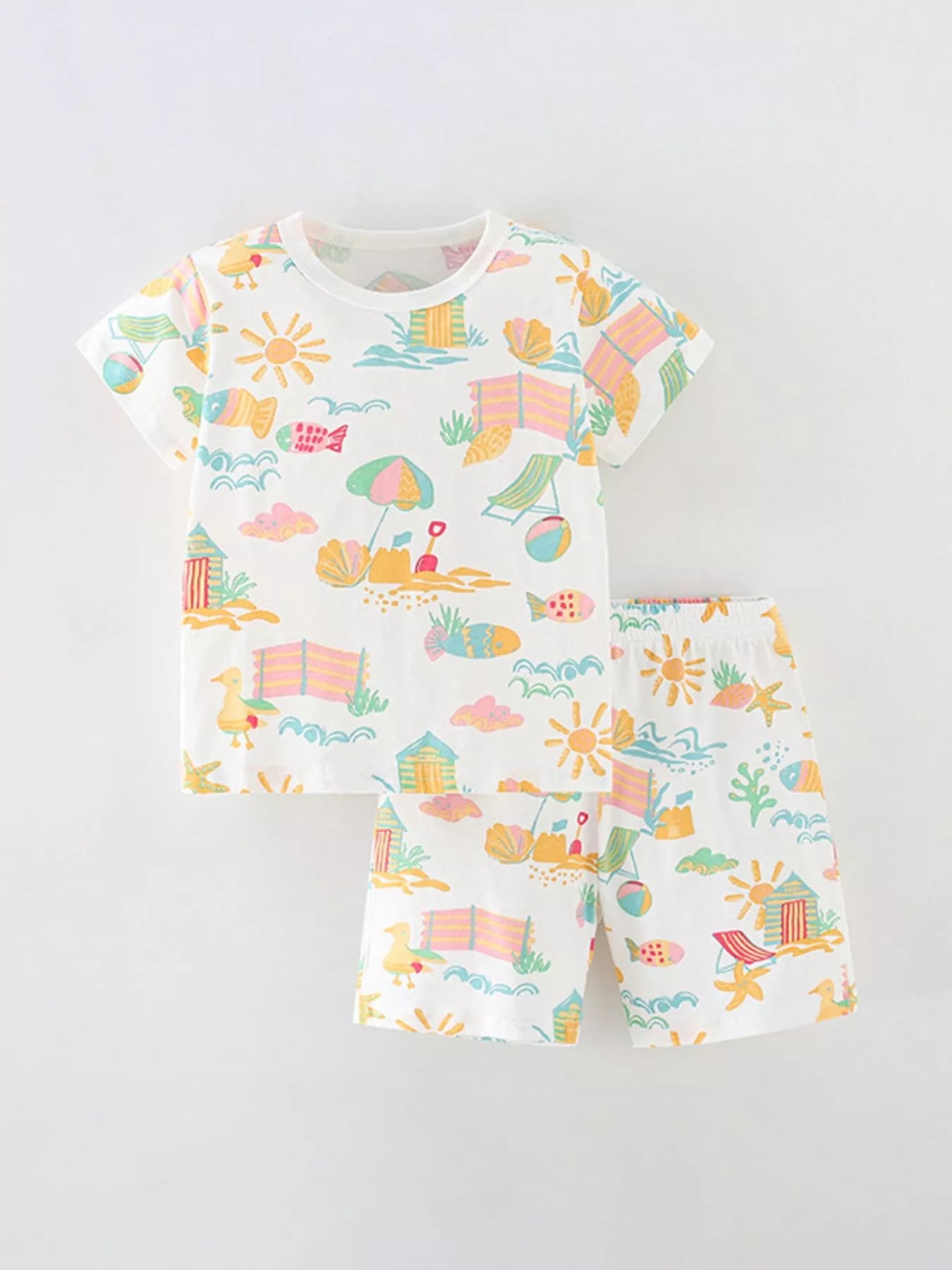 Children's Beach Print Round Neck Tee and Shorts Set