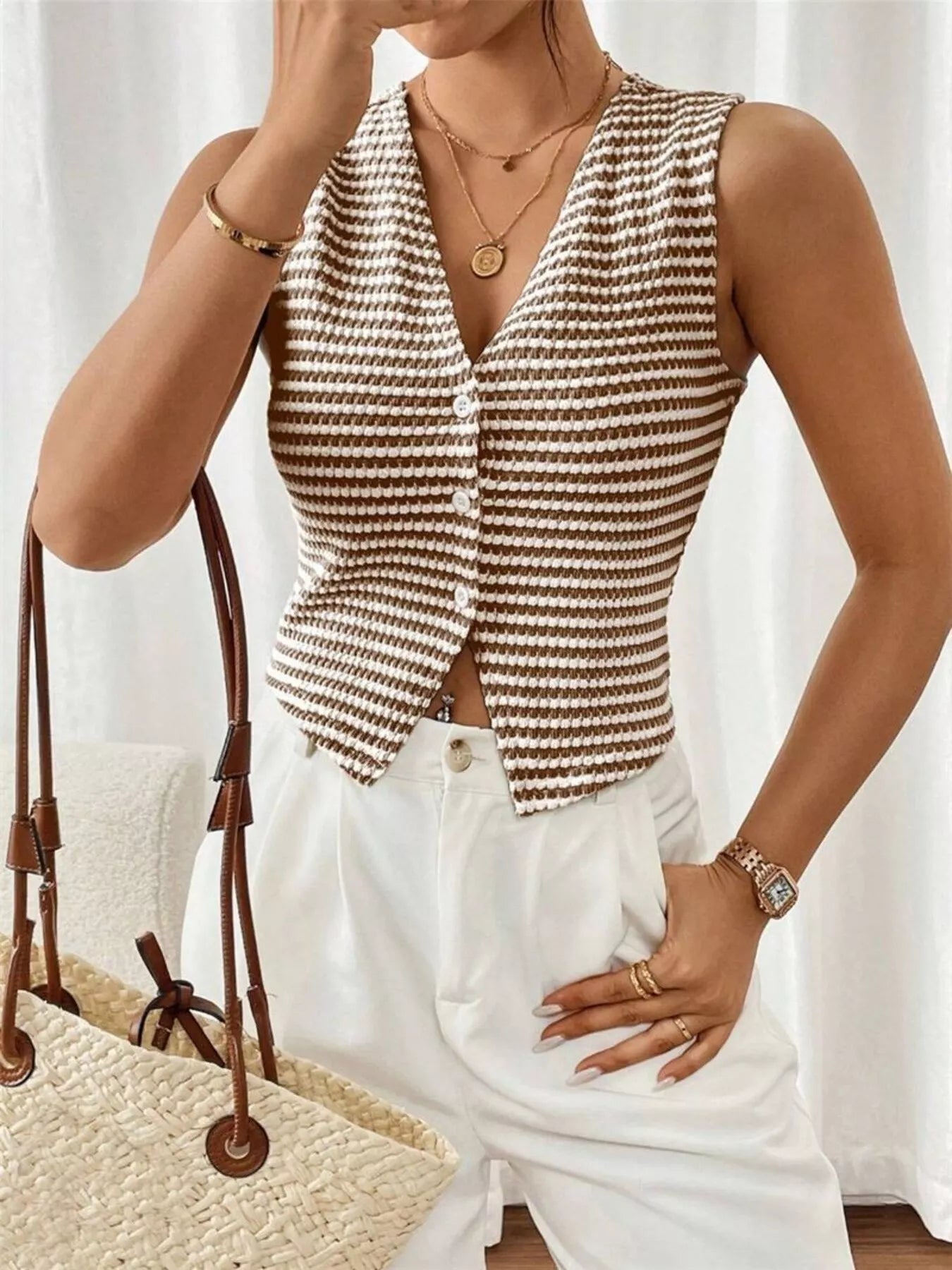 Striped Knit V-Neck Vest