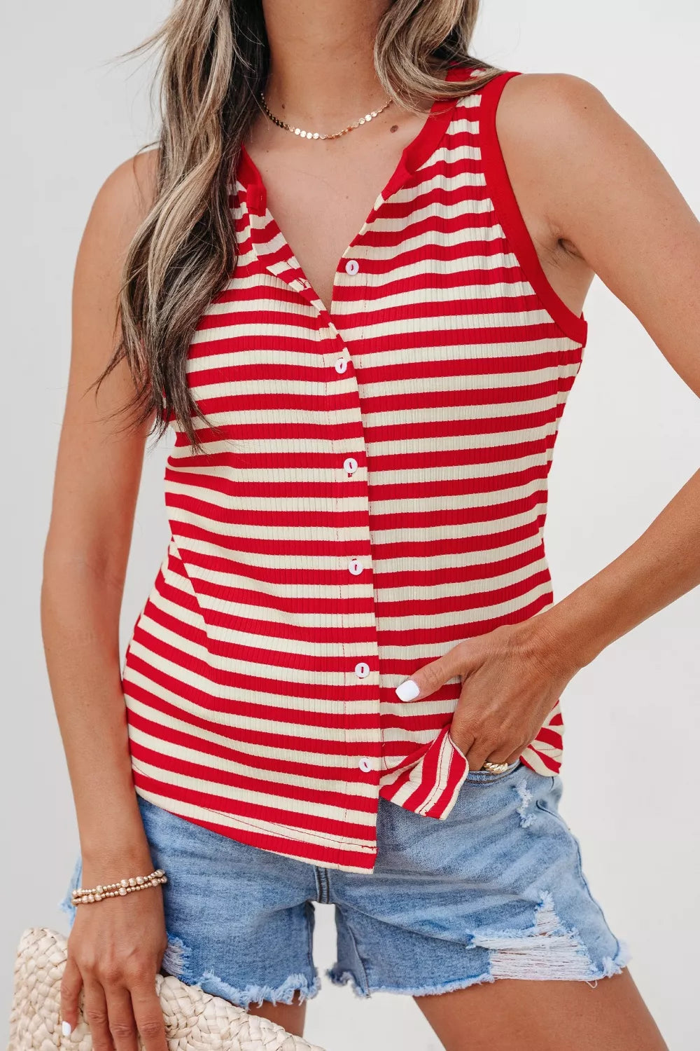 Stripe Buttoned Ribbed Knit Tank Top