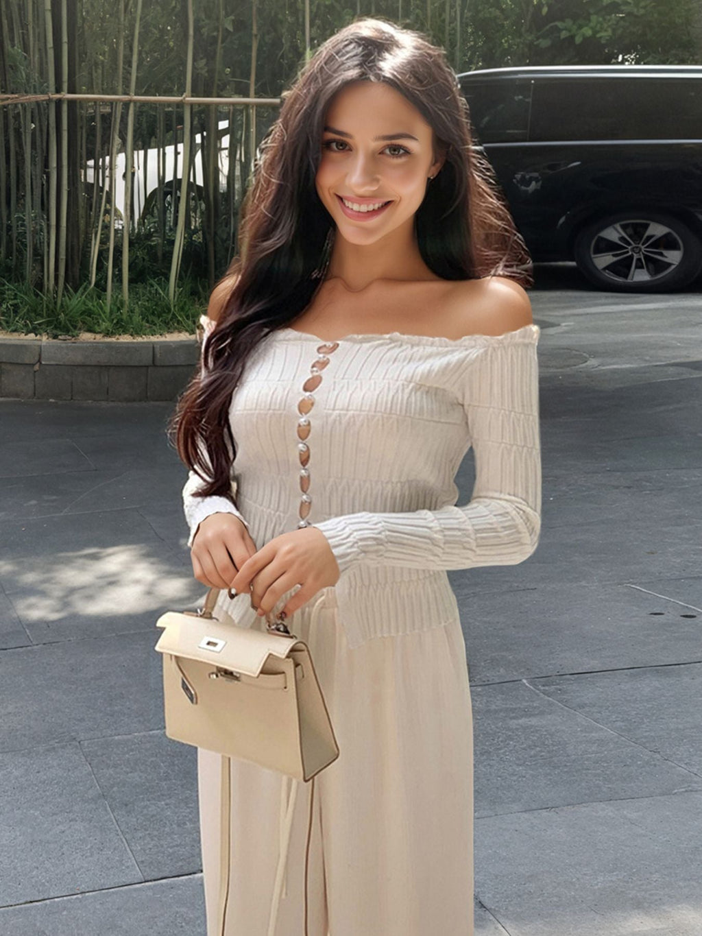 Off-Shoulder Pearl Button Knit Top