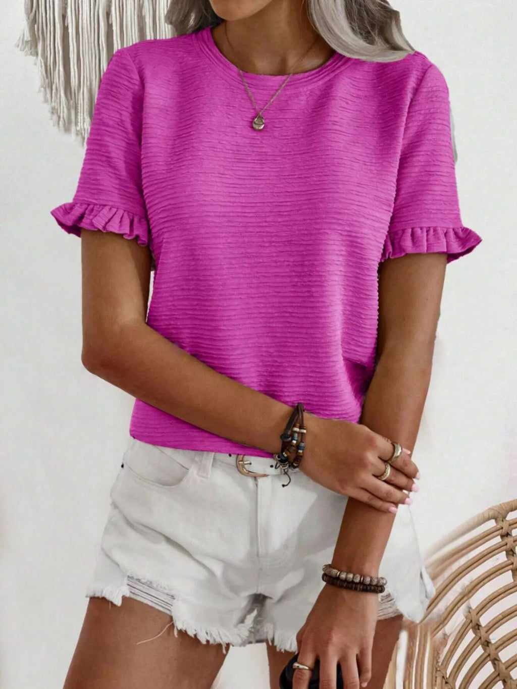 Textured Ruffle Sleeve Round Neck T-Shirt
