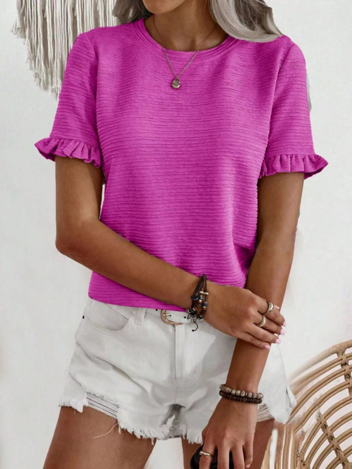 Textured Ruffle Sleeve Round Neck T-Shirt