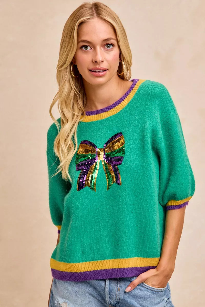 BiBi Mardi Gras Sequin Ribbon Patched Sweater