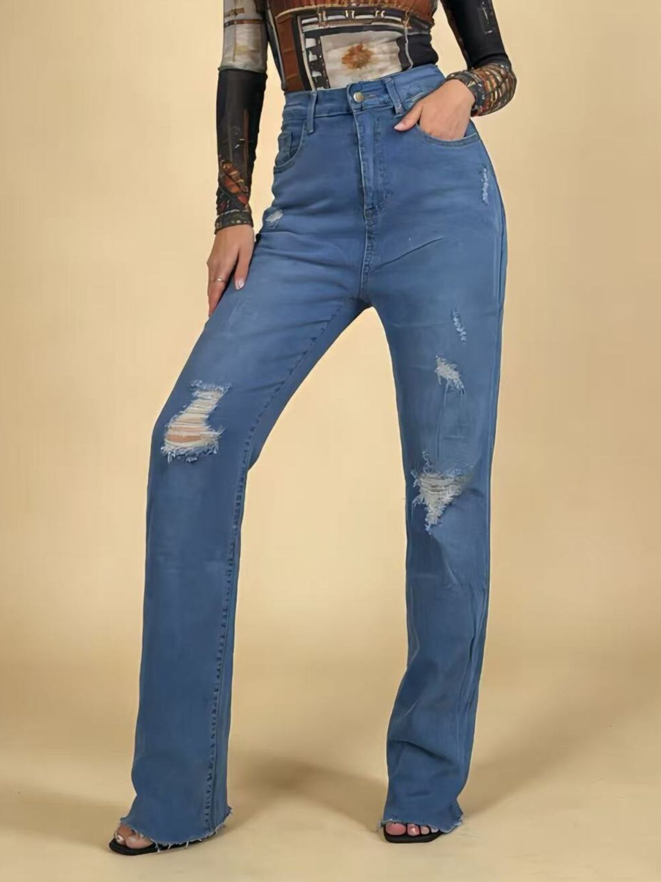 High-Waisted Distressed Jeans