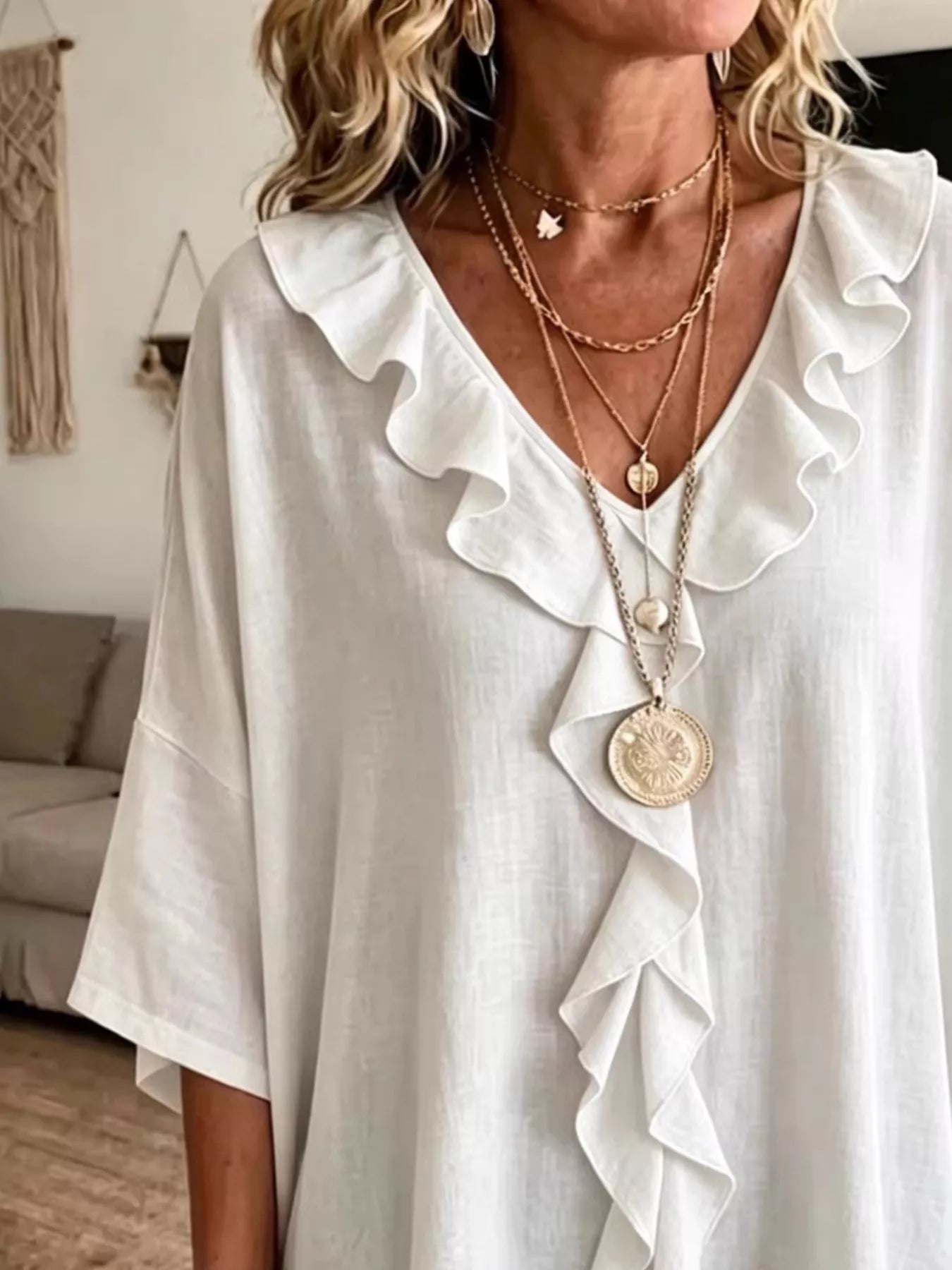 Full Size Ruffle V-Neck 3/4 Sleeve Blouse Plus Size