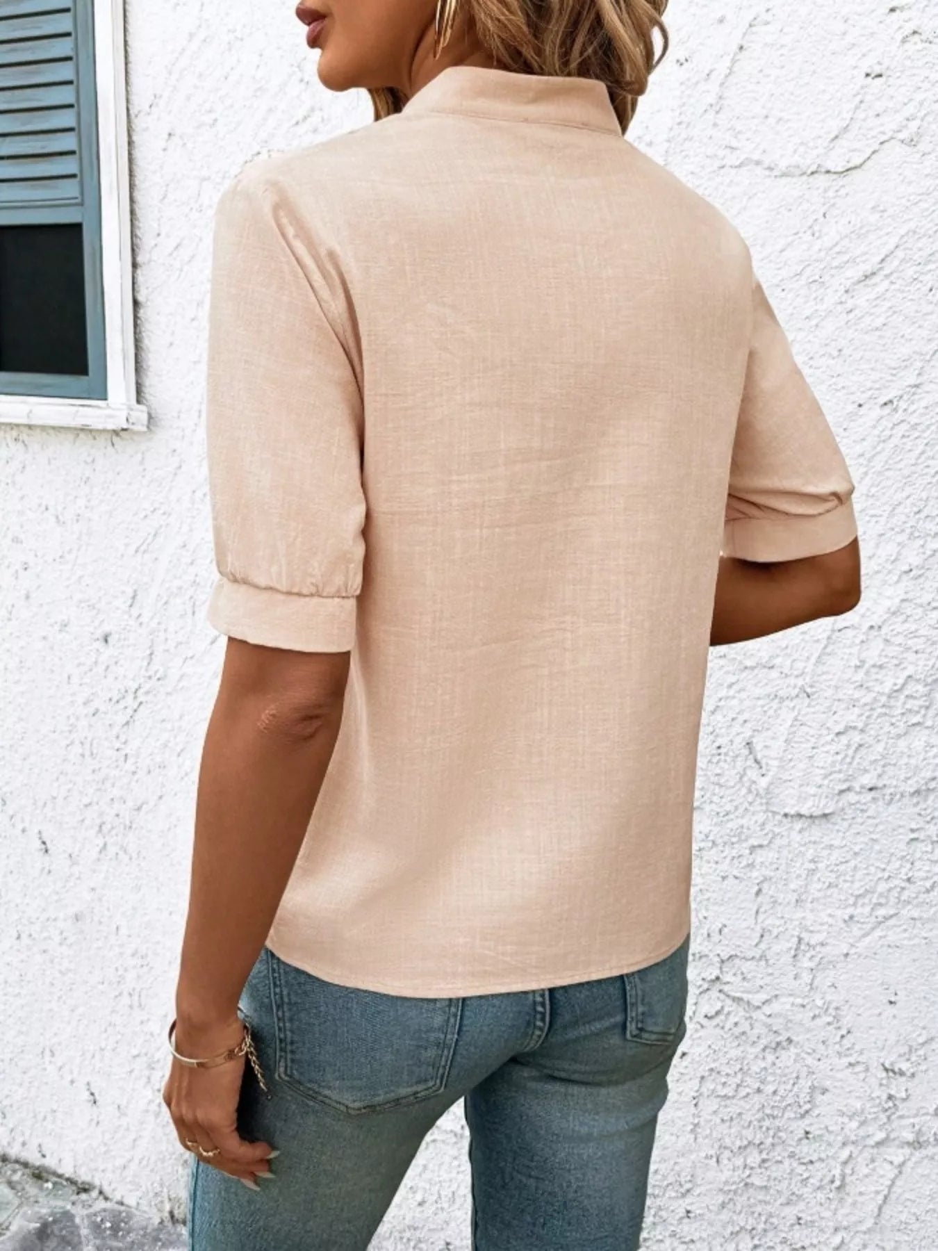 Embroidered Notched Short Sleeve Blouse