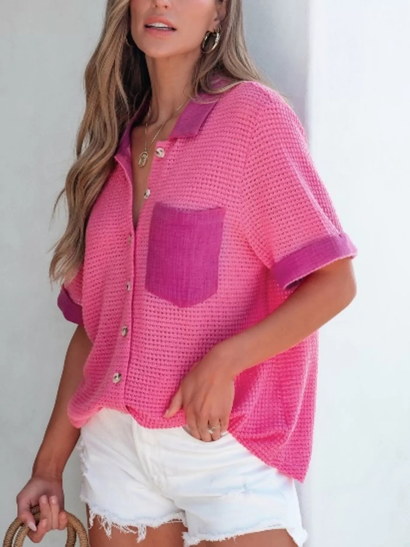 Gauze Waffle Button Down Short Sleeve Shirt