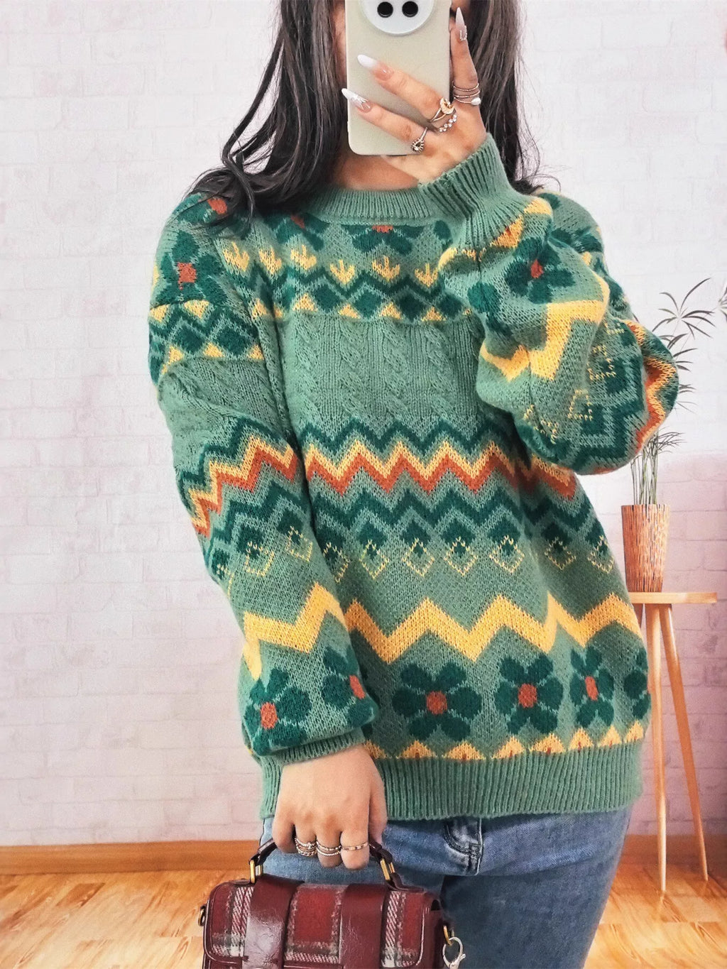 Geometric Round Neck Long Sleeve Sweater