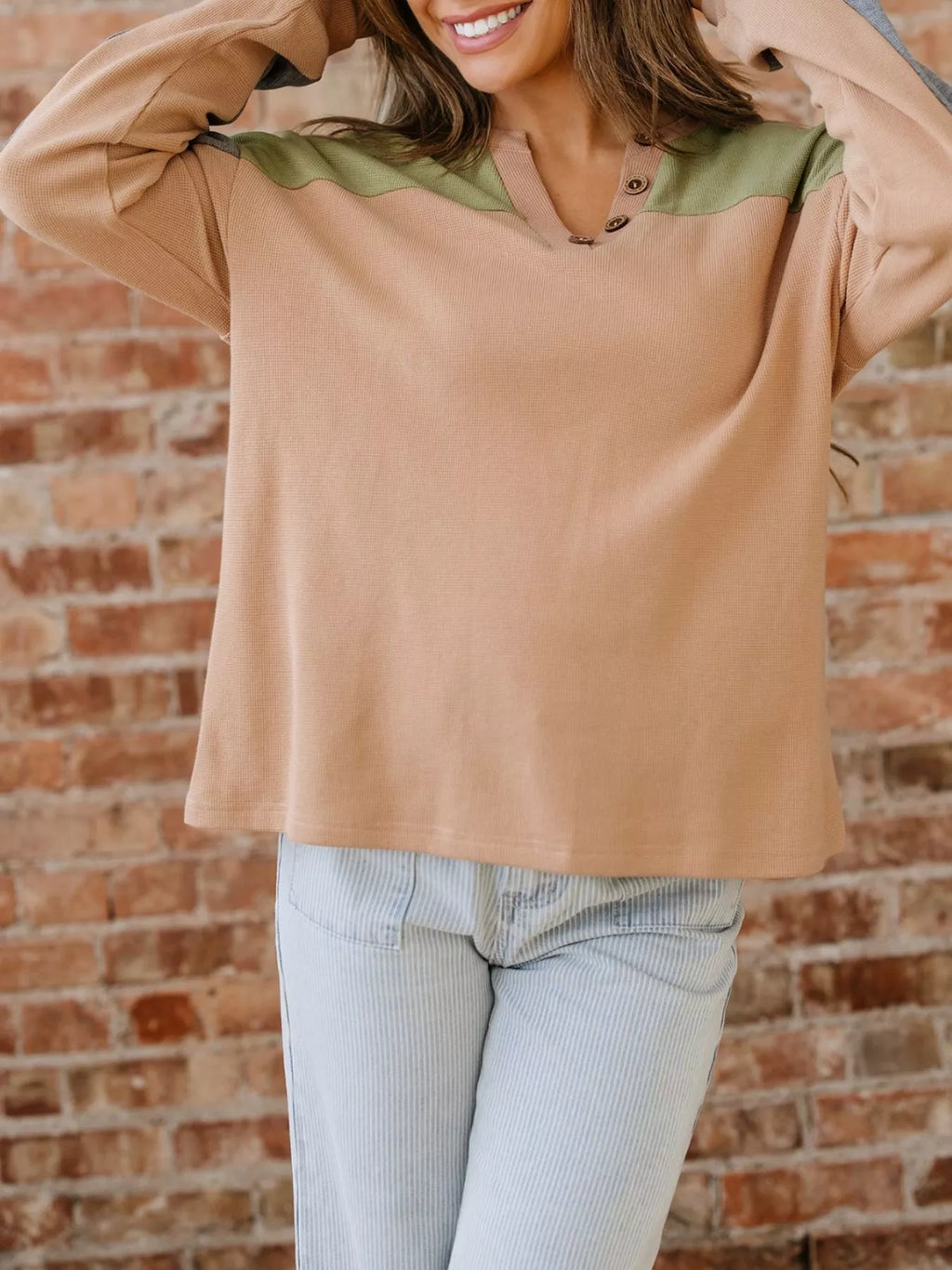 Color Block Thermal Textured Knit Drop Shoulder Henley Top