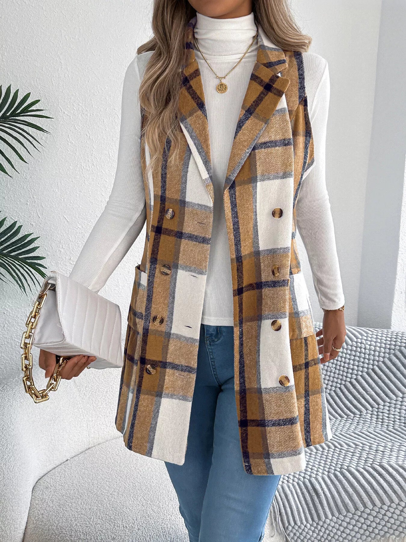 Plaid Double-Breasted Vest Coat
