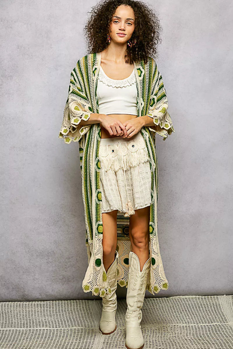POL Striped and Floral Pattern Crochet Longline Cardigan