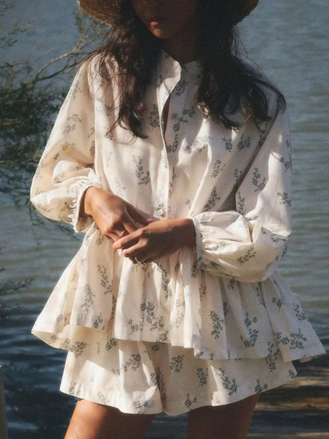 Floral Print Balloon Sleeve Top and Shorts Set