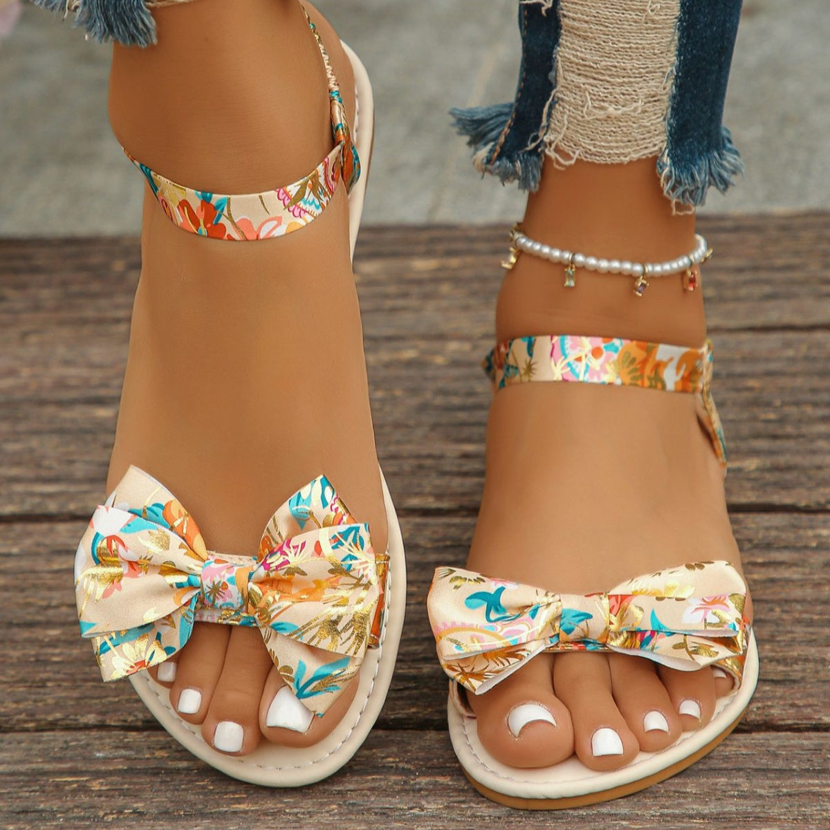 Floral Bowknot Ankle Strap Flat Sandals