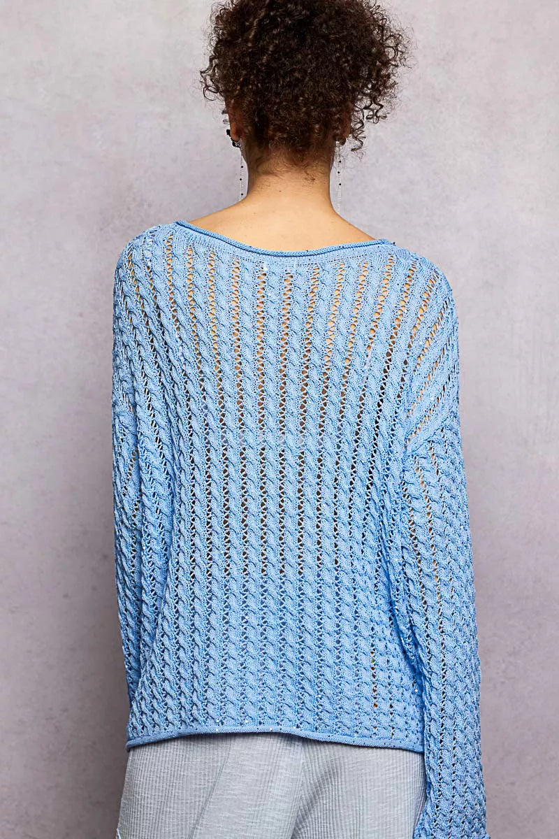 POL Openwork Round Neck Knit Top with Shiny Detail