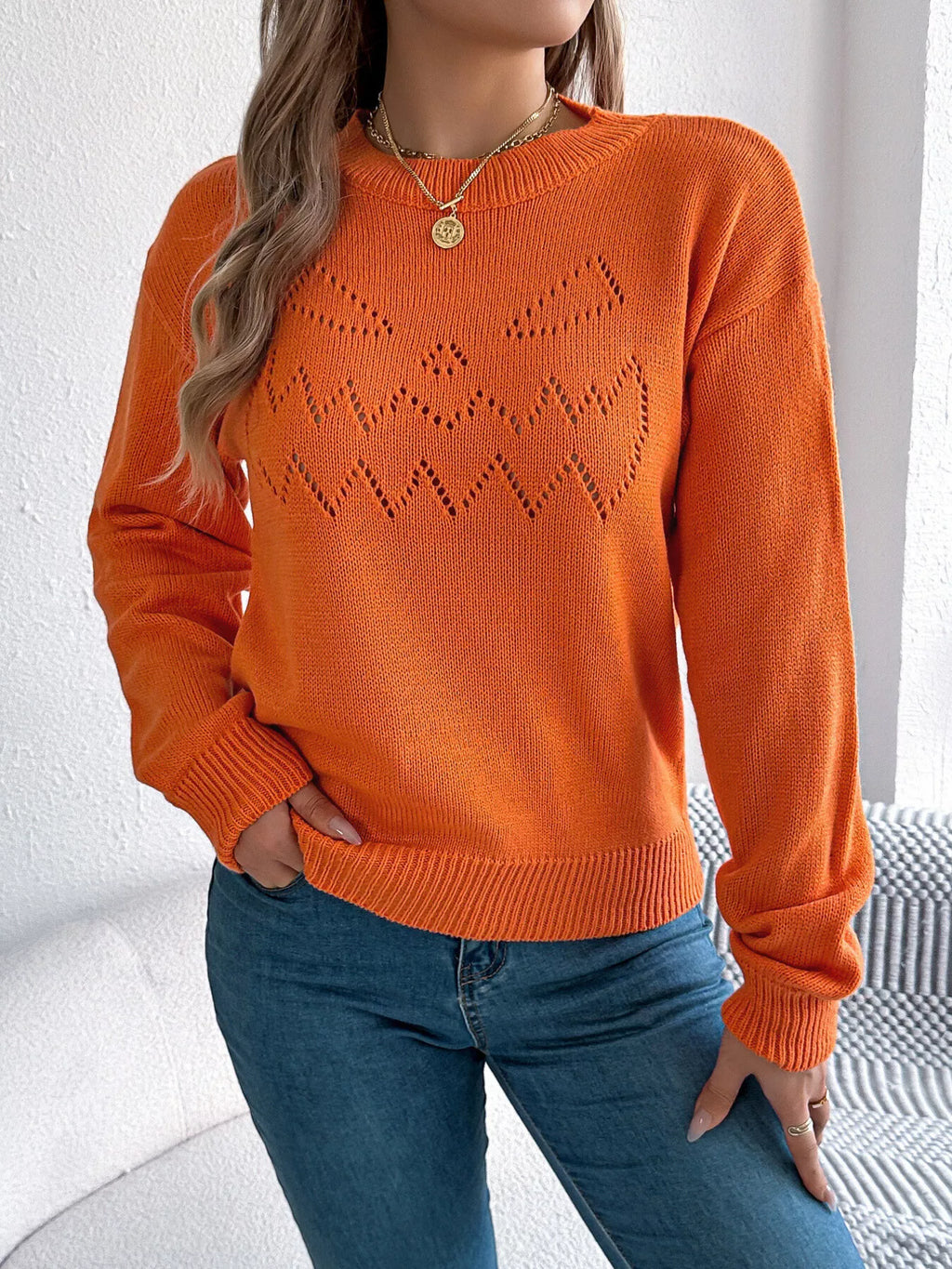 Openwork Round Neck Long Sleeve Sweater