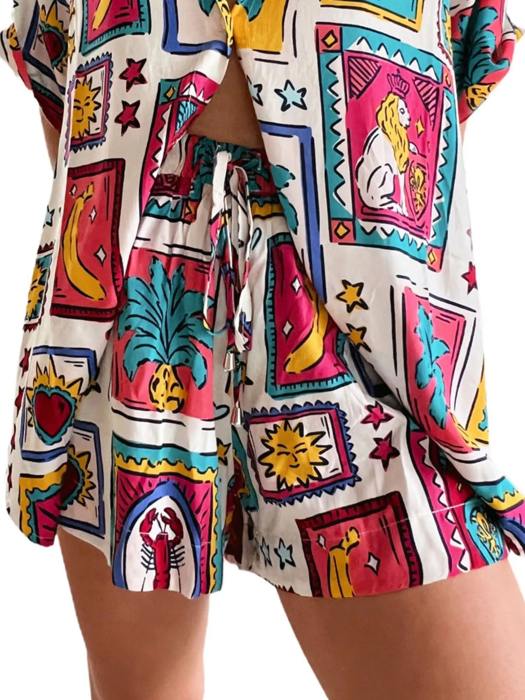Printed Button Up Shirt and Shorts Set
