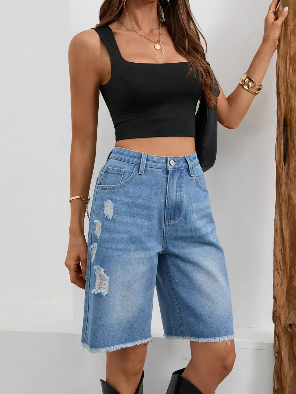 Ripped Frayed Hem Denim Shorts