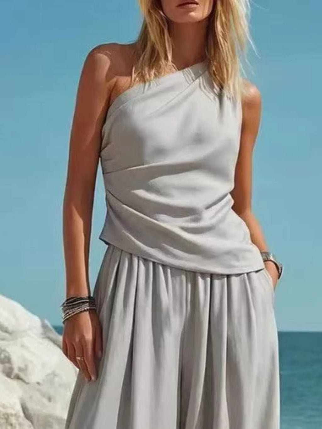 Full Size One-Shoulder Top and Wide Leg Pants Set Plus Size
