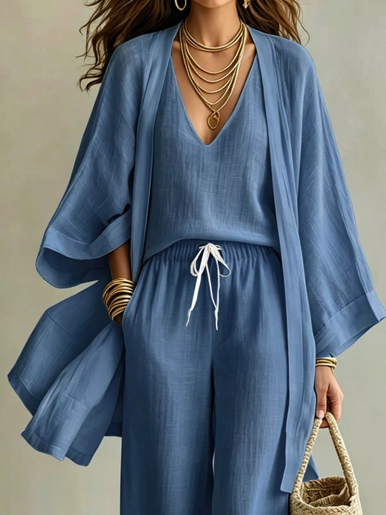 V-Neck Top & Cardigan & Pants Three-Piece Set