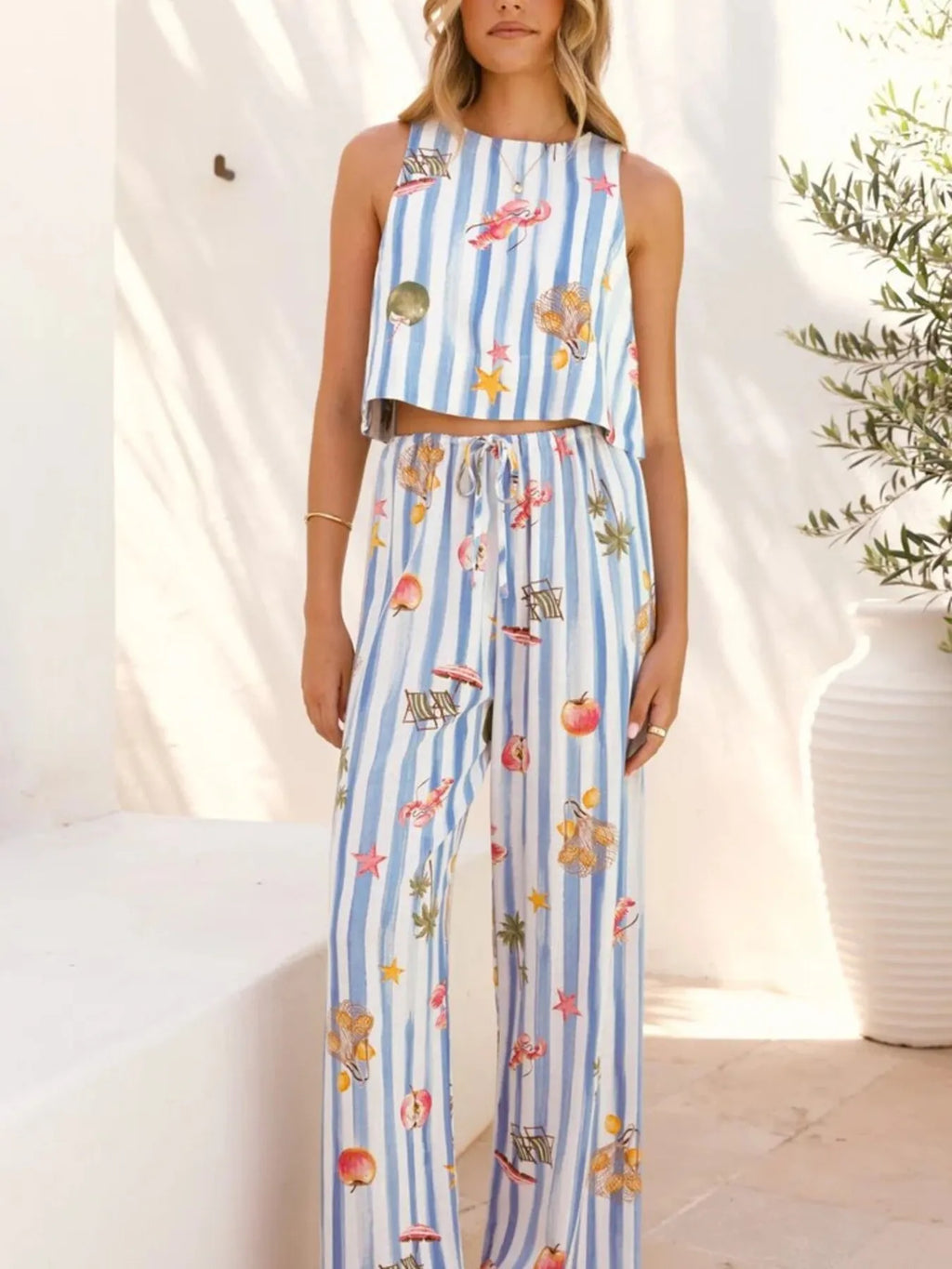 Printed Stripe Tank and Pants Set