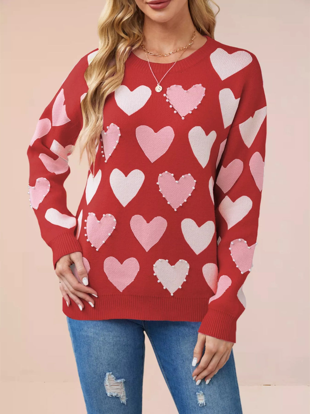 Heart Pattern Beaded Round Neck Sweater