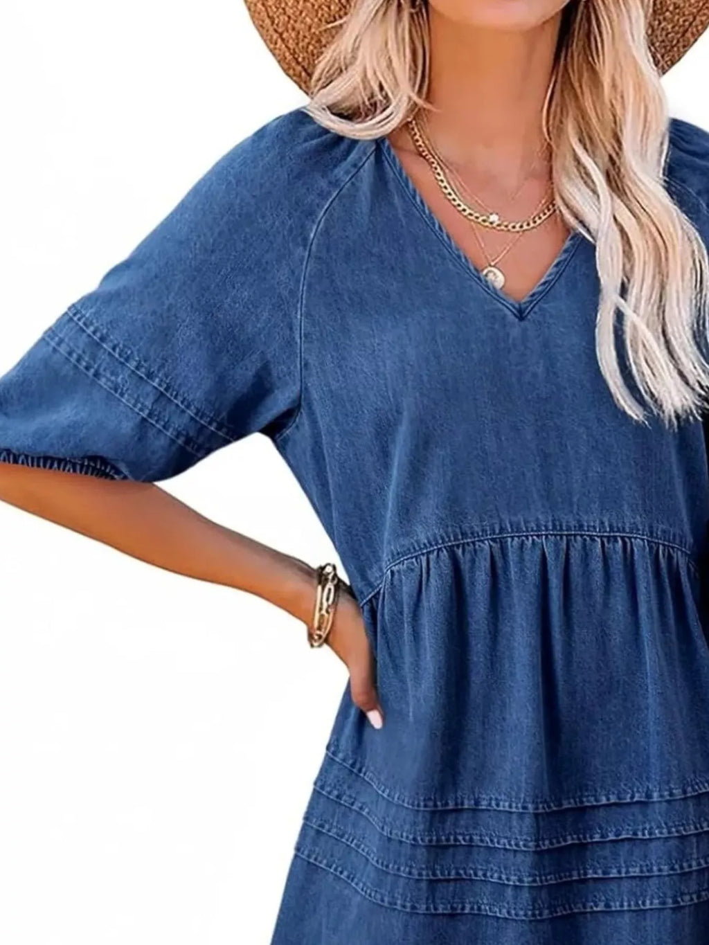 Casual V-Neck Puff Sleeve Denim Mini Dress