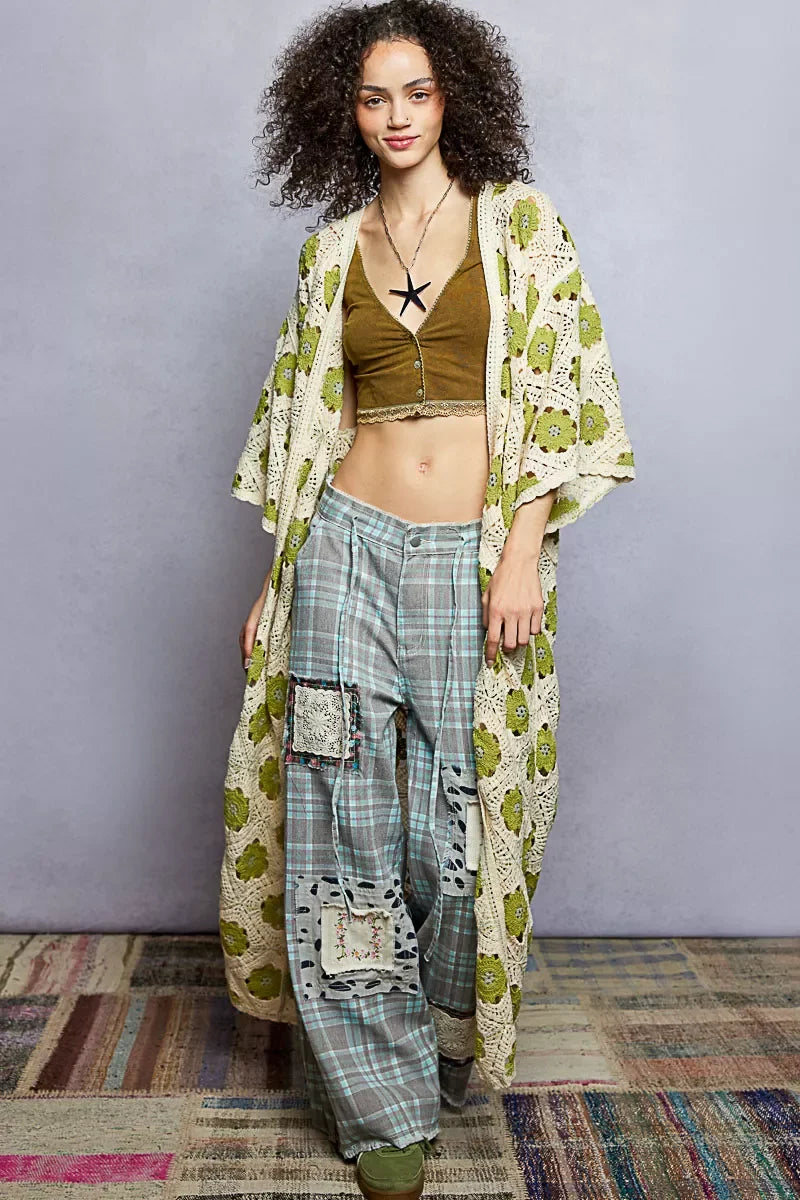 POL Open Front Floral Crochet Longline Cardigan