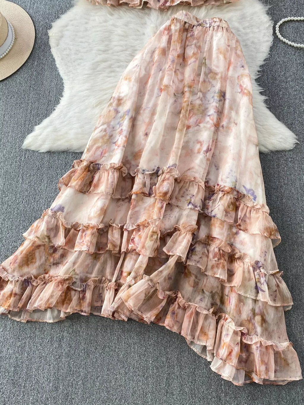 Floral Print Ruffle Hem Blouse and Skirt Set