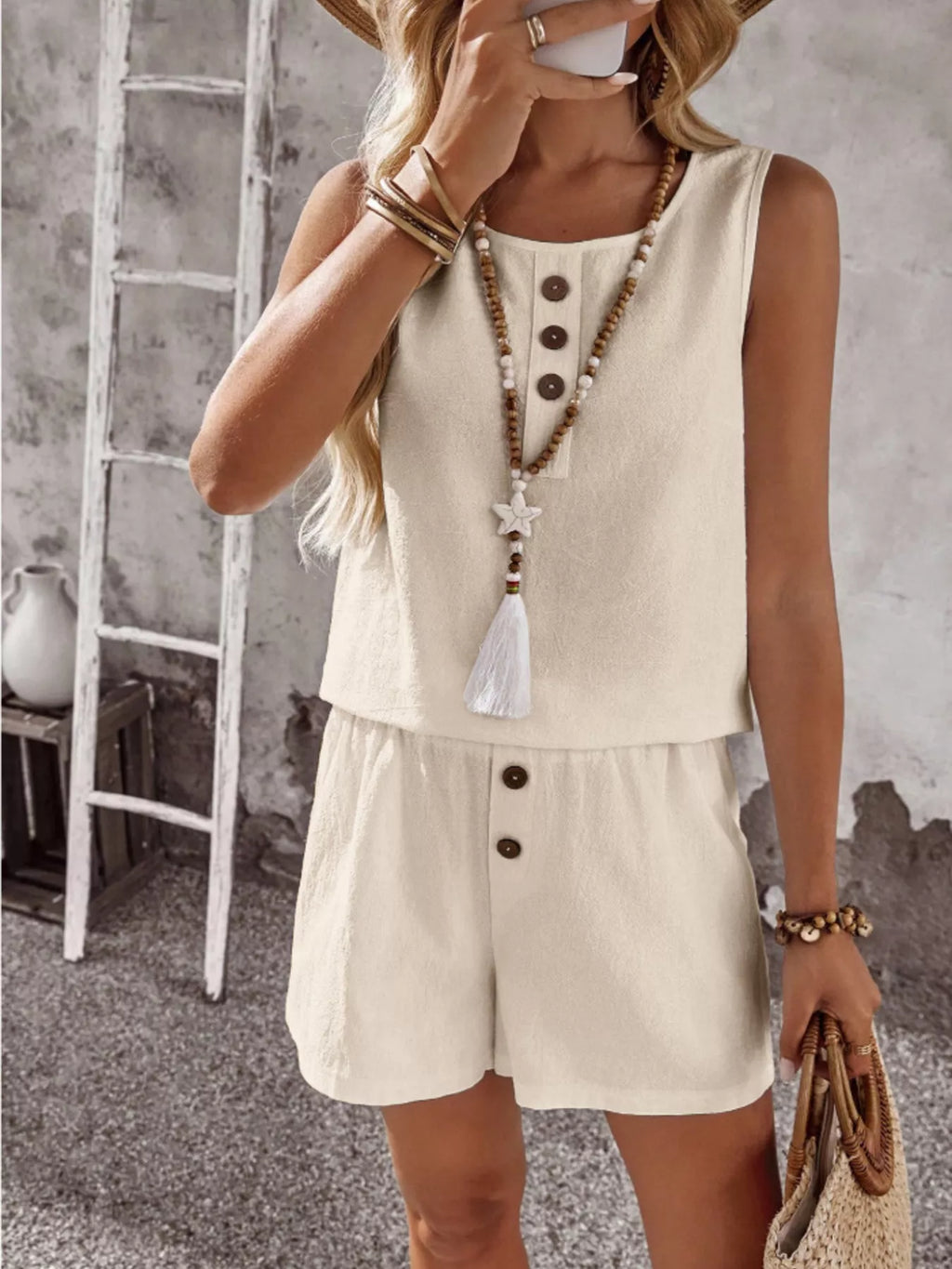 Decor Button Round Neck Tank and Shorts Set