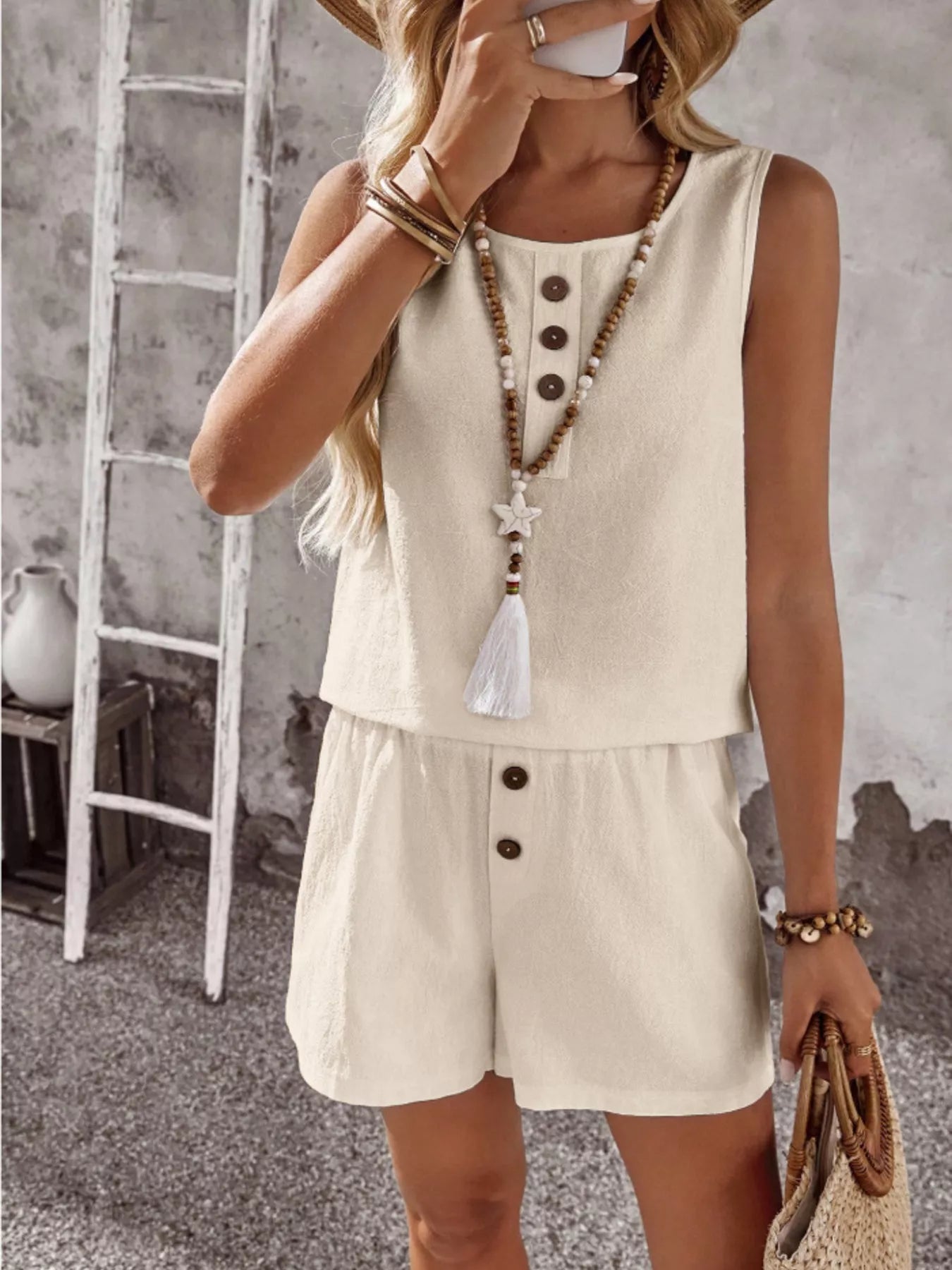 Decor Button Round Neck Tank and Shorts Set