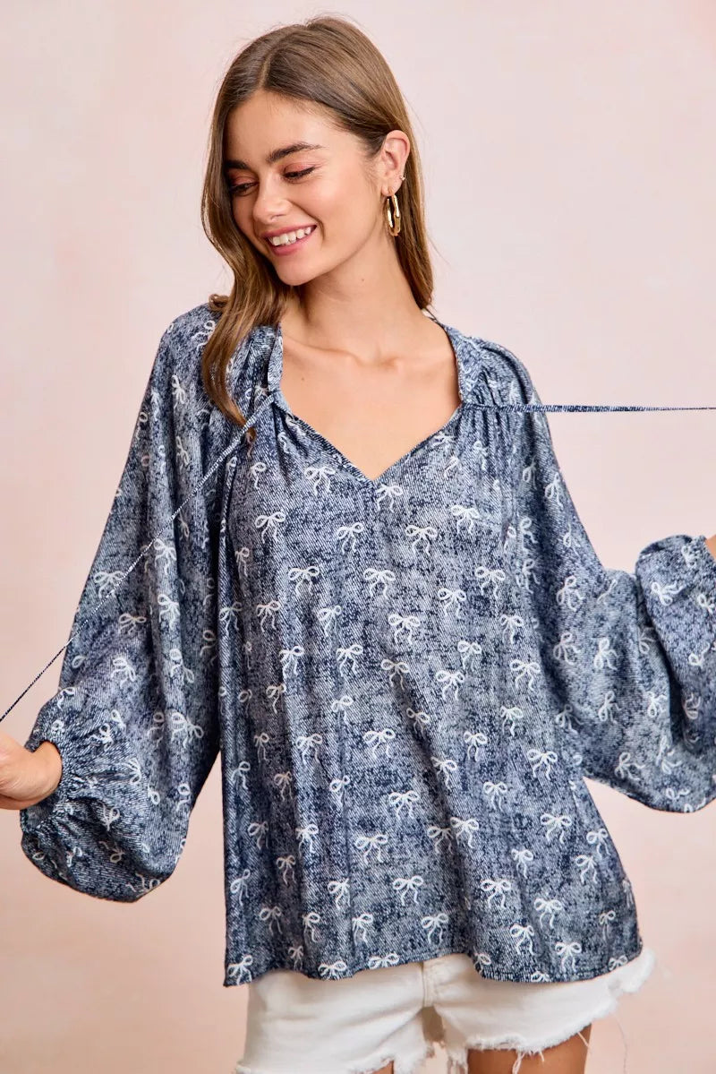 BiBi Ribbon Bow Print Exaggerated Balloon Sleeves Top