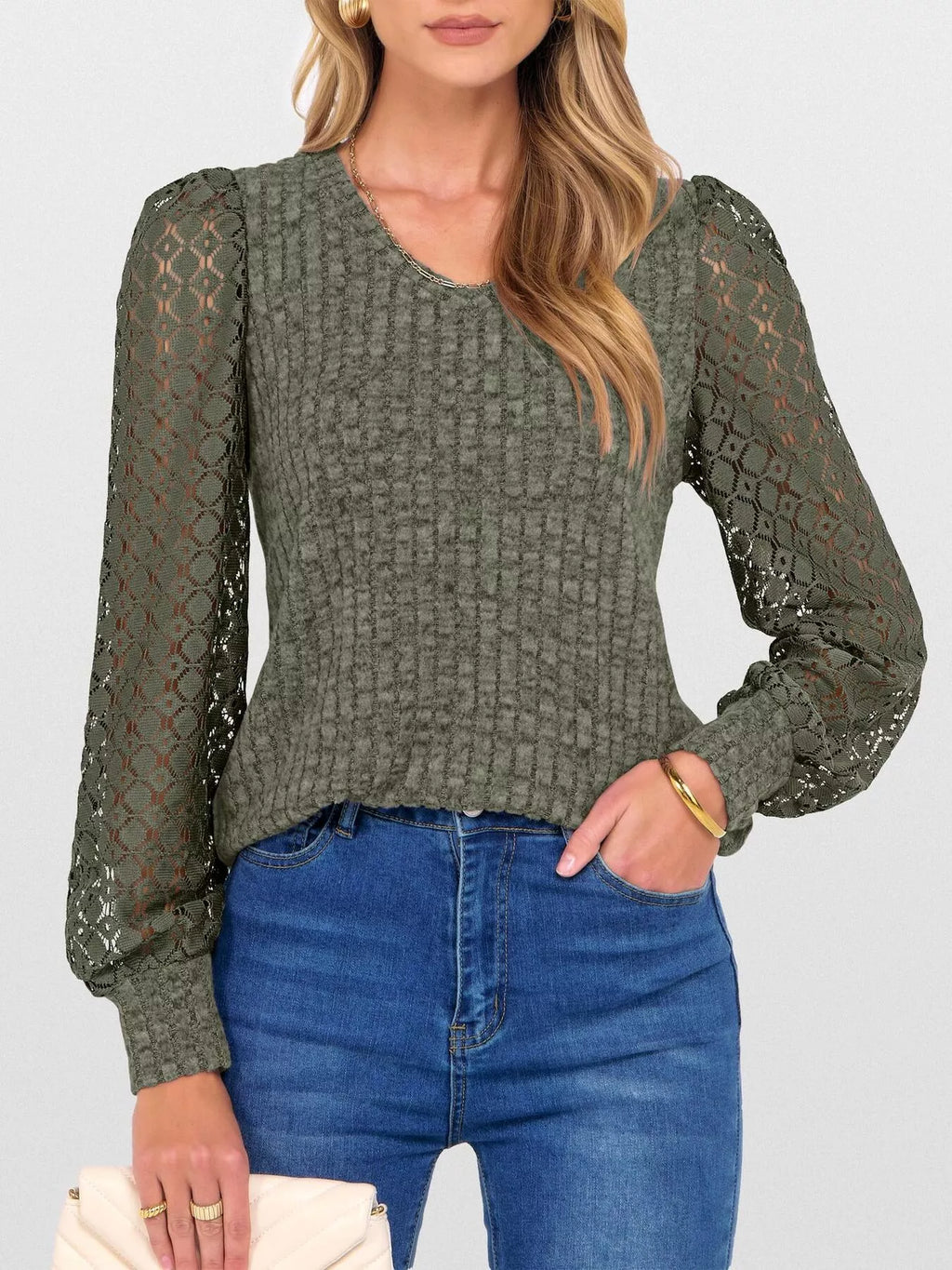 Lace Sleeve V-Neck T-Shirt