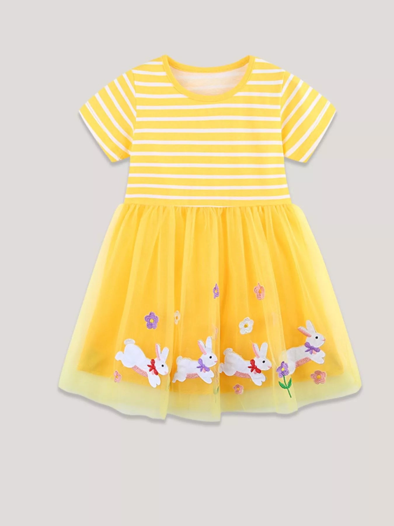 Children's Bunny & Floral Striped Tulle Dress