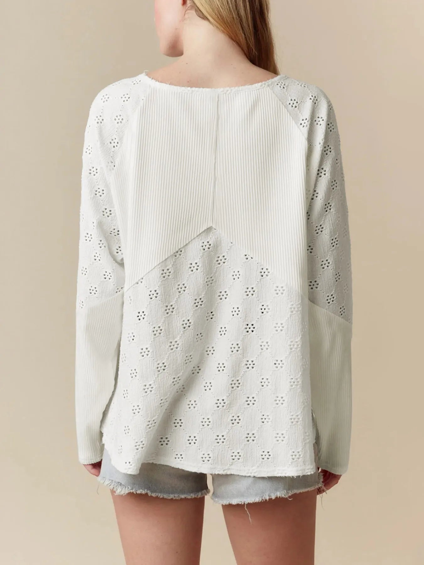 Eyelet Embroidered Loose V Neck Long Sleeve Top