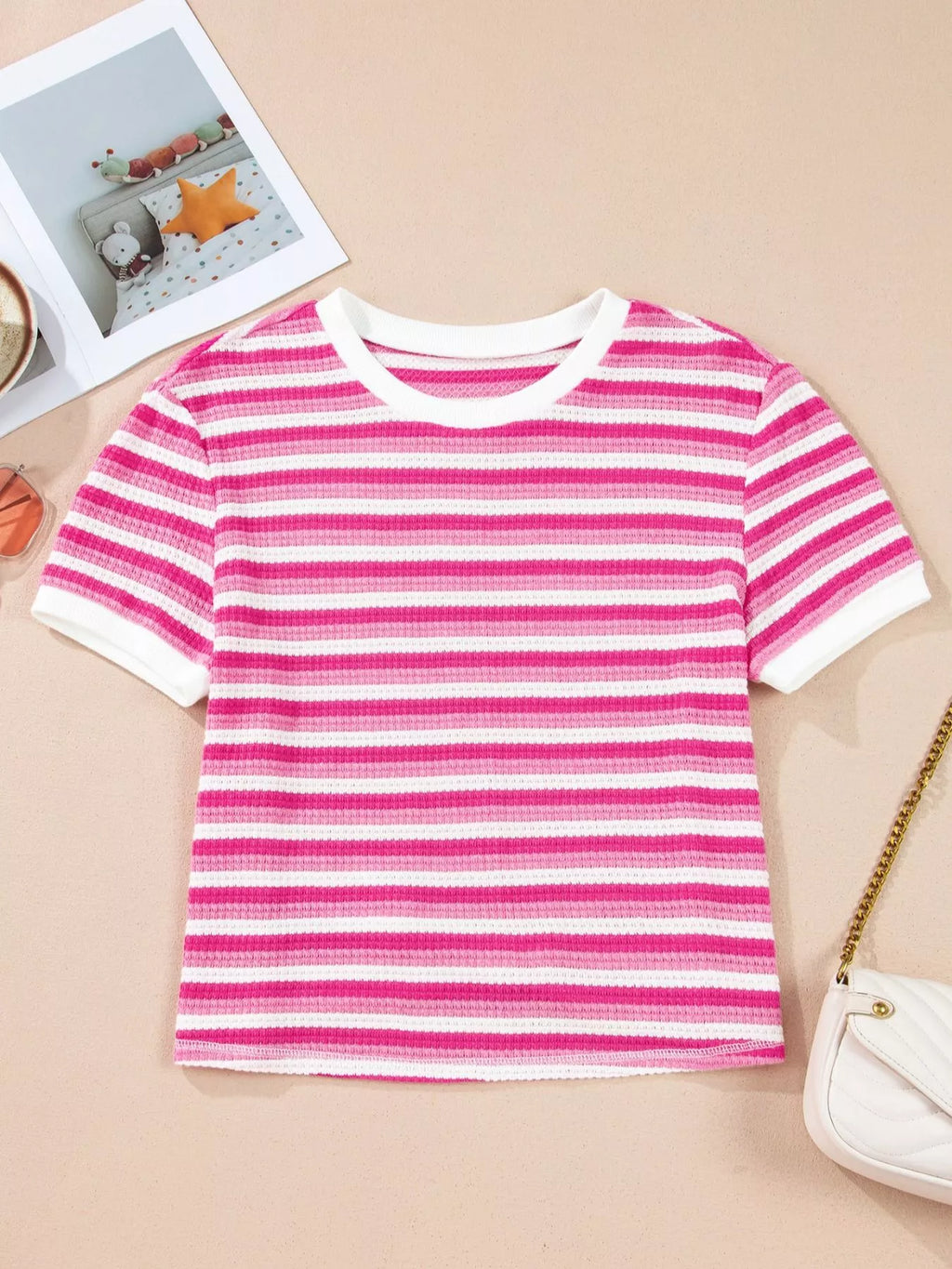 Textured Knit Short Sleeve Crossed Detail Tee