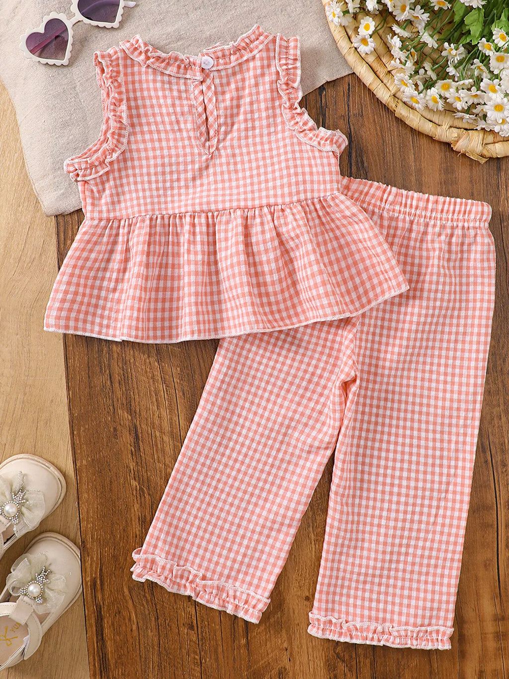 Children's Gingham Ruffle Trim Sleeveless Top & Pants Set