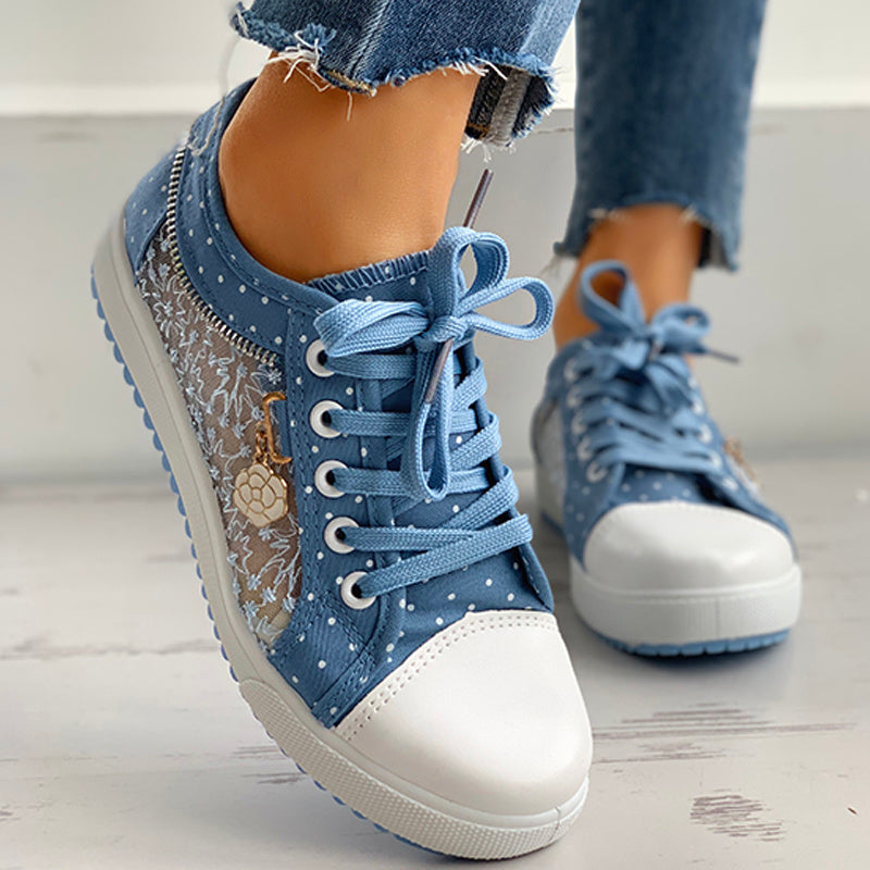 Floral Embroidered Polka Dot Print Sneakers — Women’s Casual Canvas Shoes