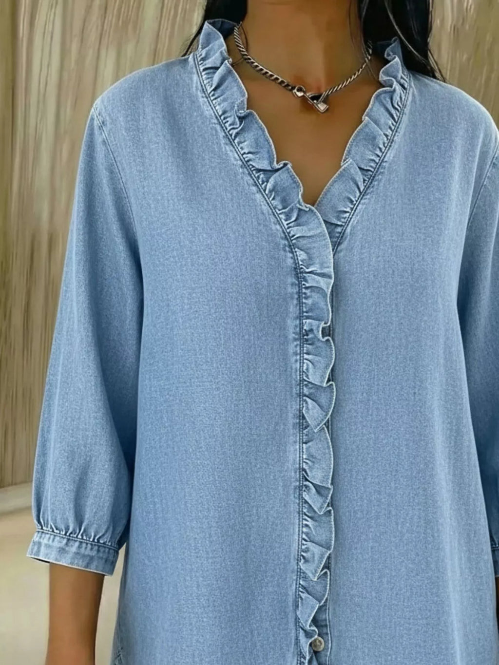 Full Size V-Neck Ruffled Button Down Shirt Plus Size