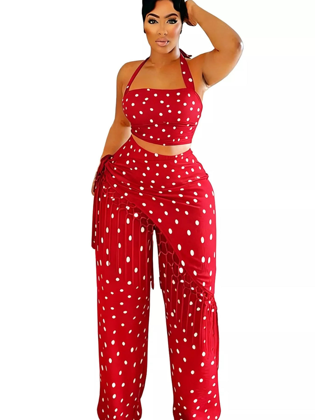 Polka Dot Halter Neck Cami and Fringe Trim Pants Set
