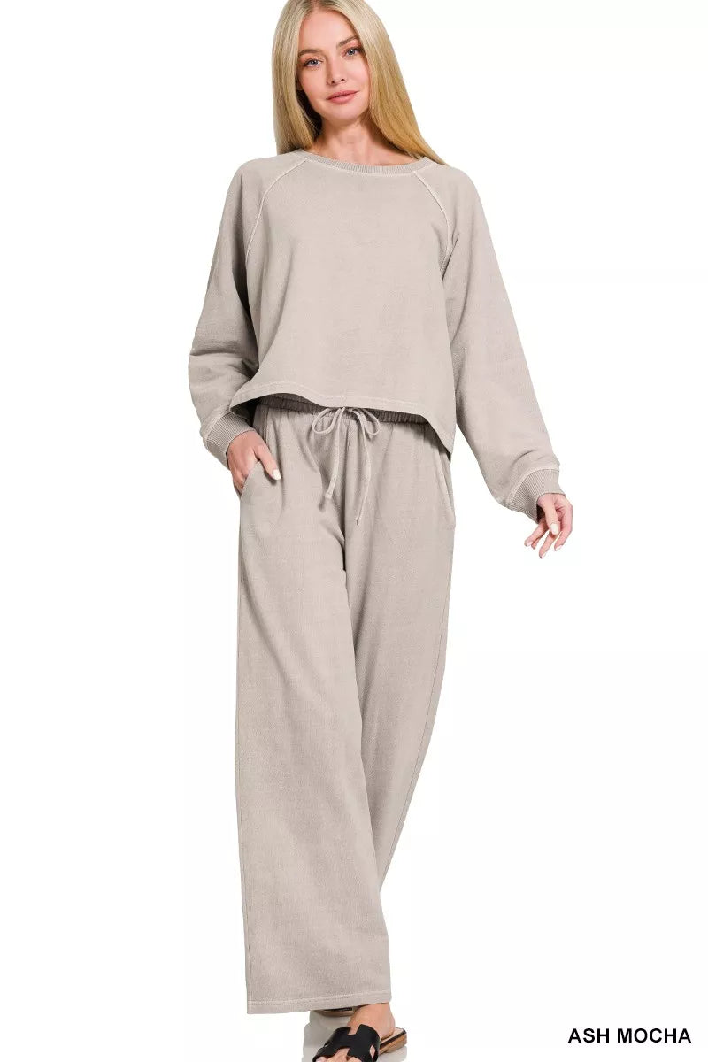 Zenana Washed F/terry Round Neck Pullover & Pants Set