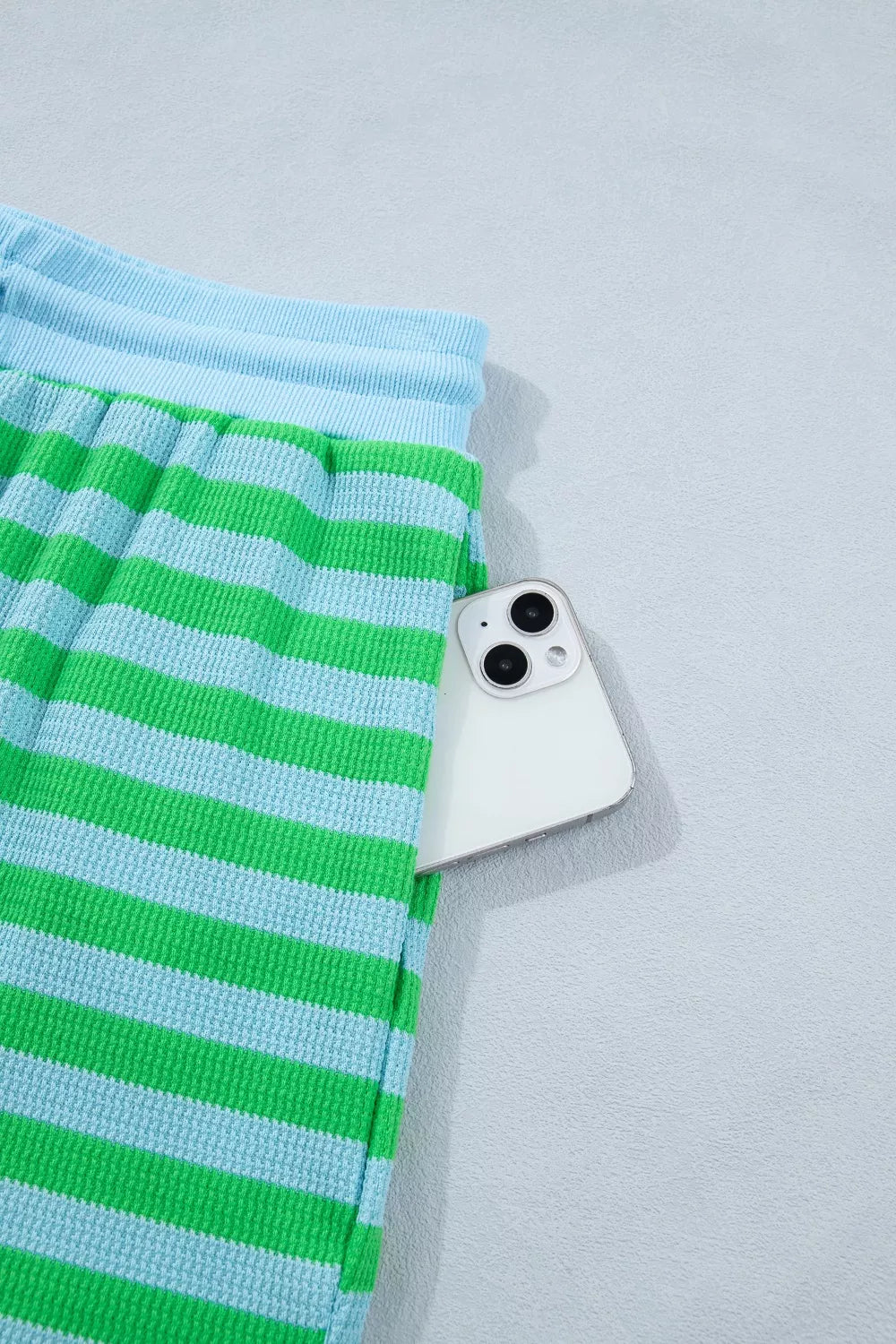 Stripe Colorblock Detail Puff Sleeve Top Drawstring Shorts 2pcs Outfit